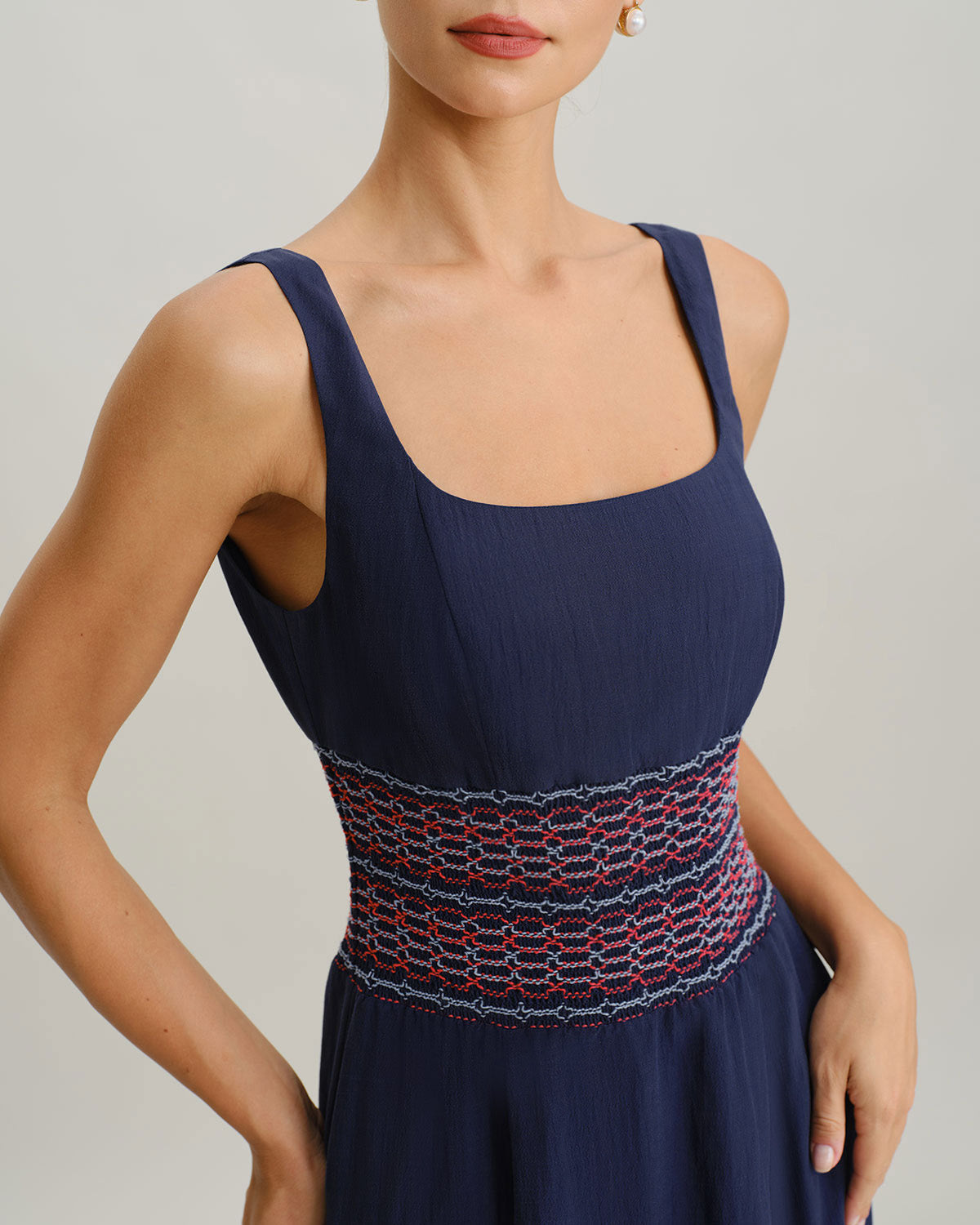 Blue Square Neck Shirred Slip Midi Dress - Threadford