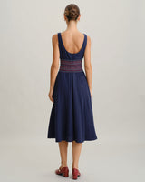 Blue Square Neck Shirred Slip Midi Dress - Threadford