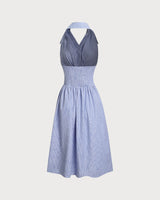 Blue Striped Twist Backless Midi Dress - Threadford