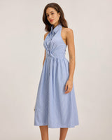Blue Striped Twist Backless Midi Dress - Threadford