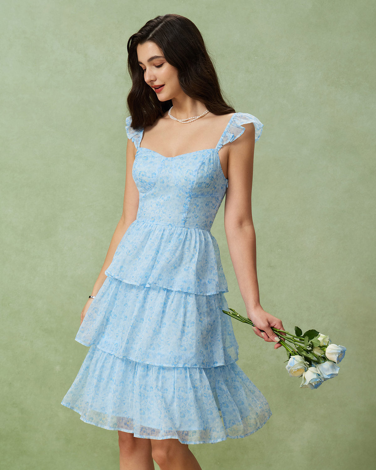 Blue Sweetheart Neck Tiered Midi Dress - Threadford