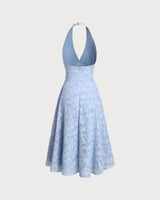 Blue Textured Backless Halter Midi Dress - Threadford