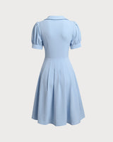 Blue U Neck Puffed Sleeve Pleated Midi Dress - Threadford