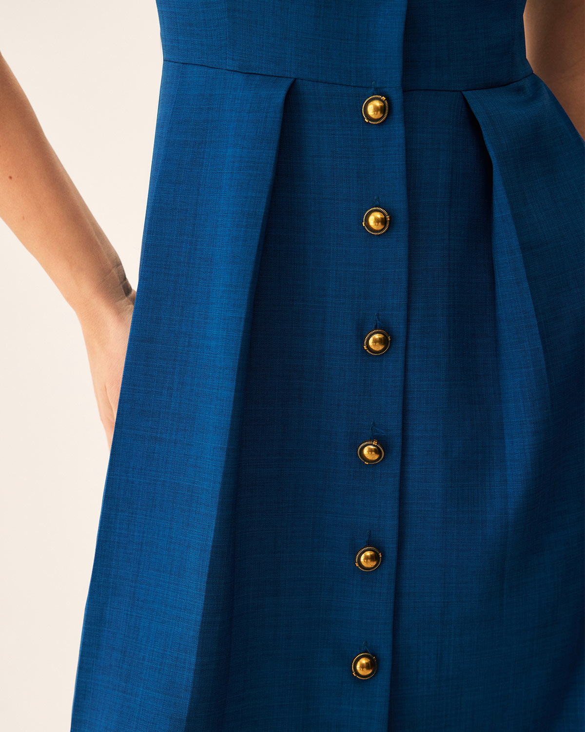 Blue V Neck Pleated Button Midi Dress - Threadford