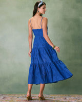 The Blue Sweetheart Neck Embroidery Slip Midi Dress - Threadford