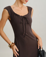 Brown Boat Neck Cap Sleeve Midi Dress - Threadford