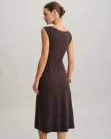 Brown Boat Neck Cap Sleeve Midi Dress - Threadford