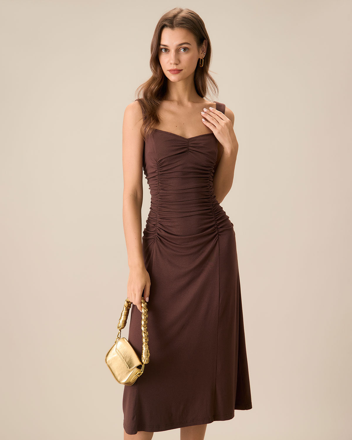 Women's Coffee Ruched Knitted Slip Midi Dress - Threadford