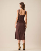 Women's Coffee Ruched Knitted Slip Midi Dress - Threadford