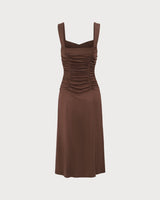 Women's Coffee Ruched Knitted Slip Midi Dress - Threadford