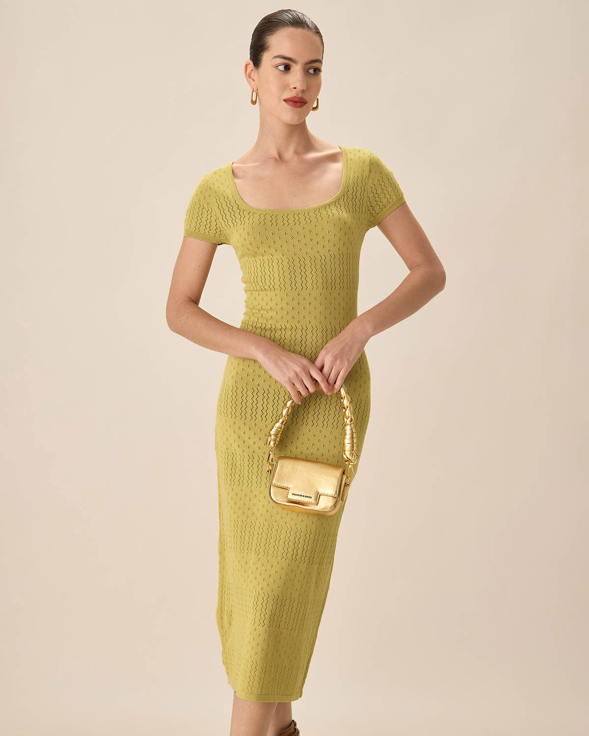 Green Square Neck Bodycon Midi Dress - Threadford