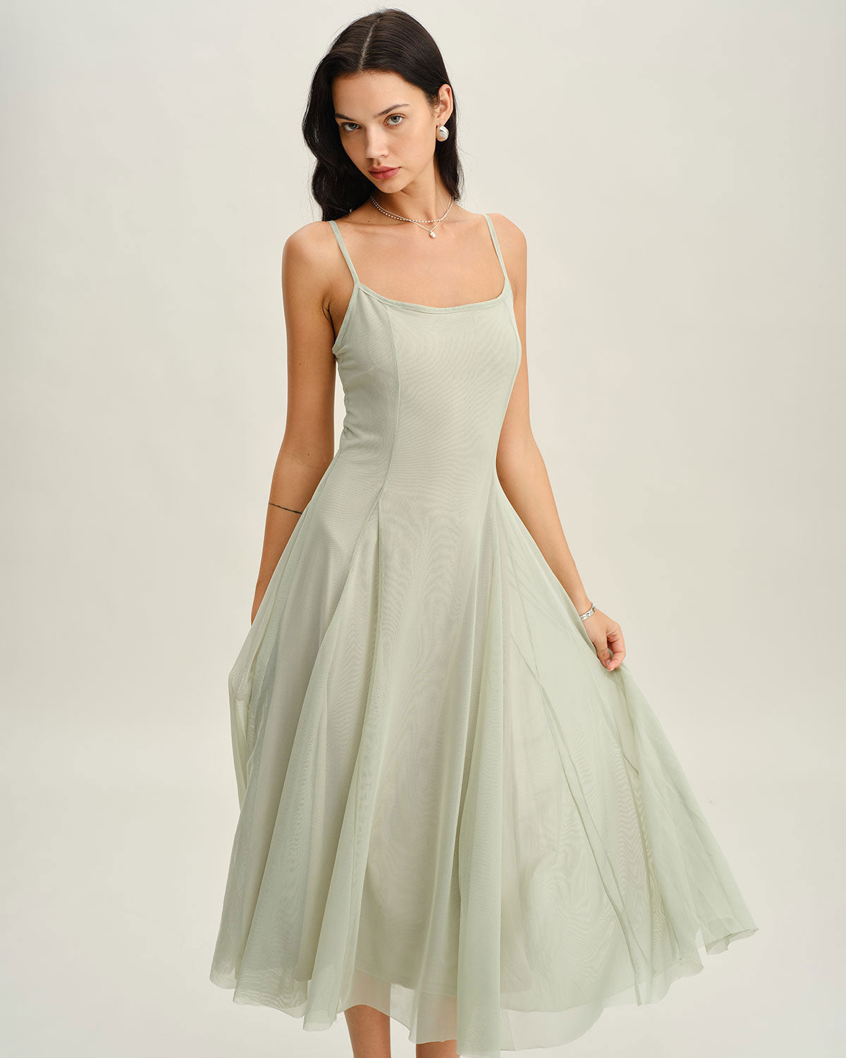 Green A-Line Slip Pleated Midi Dress - Threadford