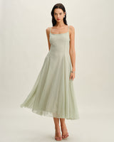 Green A-Line Slip Pleated Midi Dress - Threadford