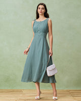 Green Boat Neck Backless Slip Midi Dress - Threadford