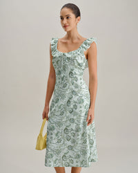 Green Floral Square Neck Ruched Midi Dress