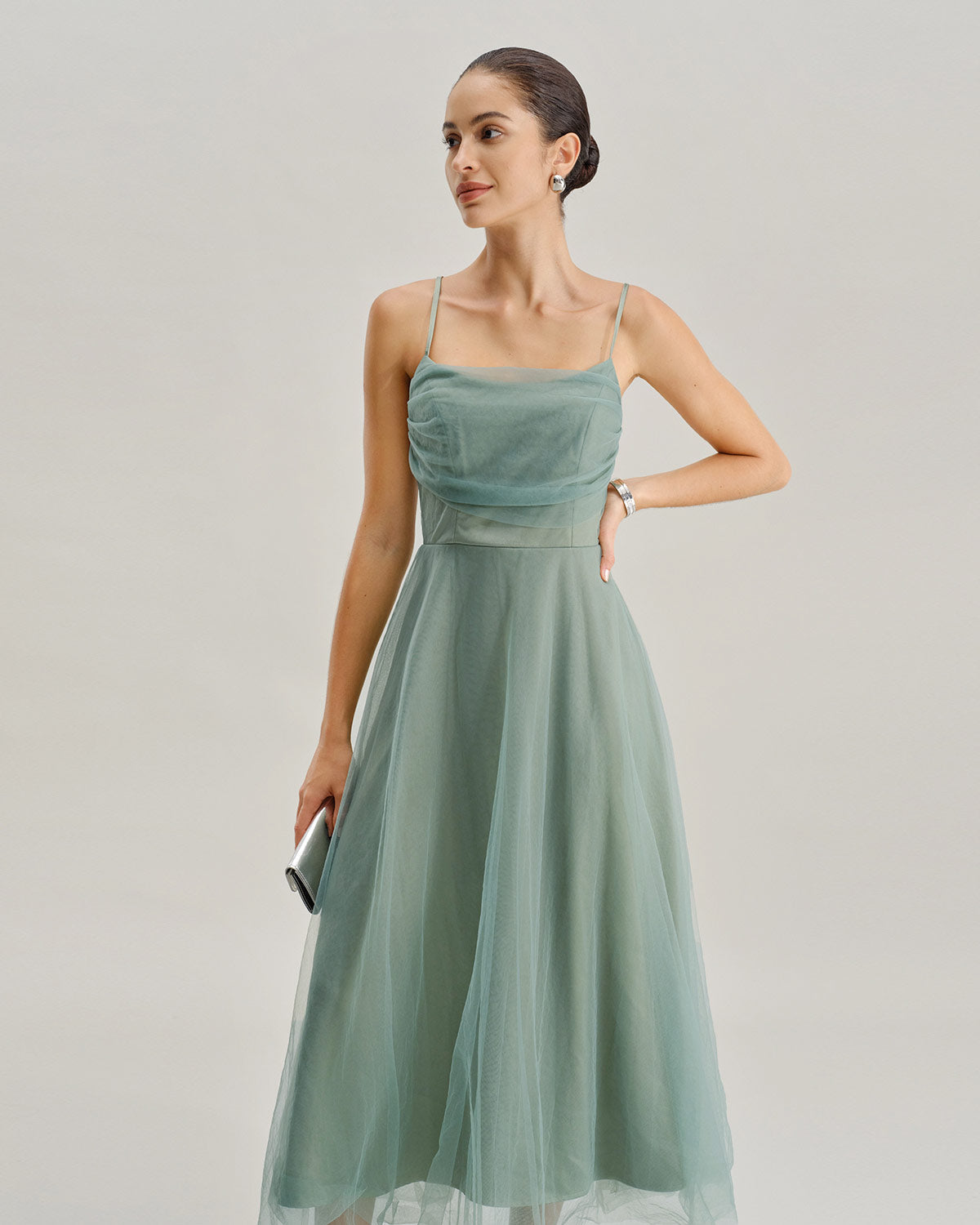 Green Mesh Flowy Slip Midi Dress - Threadford