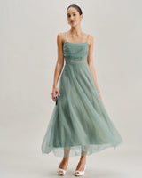 Green Mesh Flowy Slip Midi Dress - Threadford
