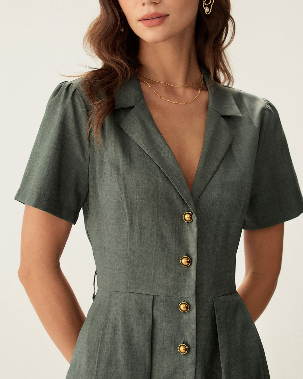 Green V Neck Pleated Button Midi Dress - Threadford