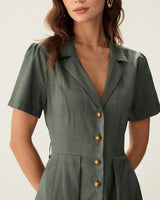 Green V Neck Pleated Button Midi Dress - Threadford