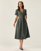 Green V Neck Pleated Button Midi Dress - Threadford