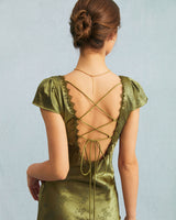 The Green Jacquard Cap Sleeve Satin Midi Dress - Threadford