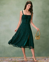 The Green Square Neck Jacquard Slit Midi Dress - Threadford