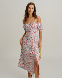 Grey Floral Square Neck Puffed Sleeve Midi Dress