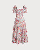 Grey Floral Square Neck Puffed Sleeve Midi Dress - Threadford