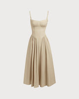 Khaki Square Neck Pocket Slip Midi Dress - Threadford