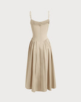 Khaki Square Neck Pocket Slip Midi Dress - Threadford