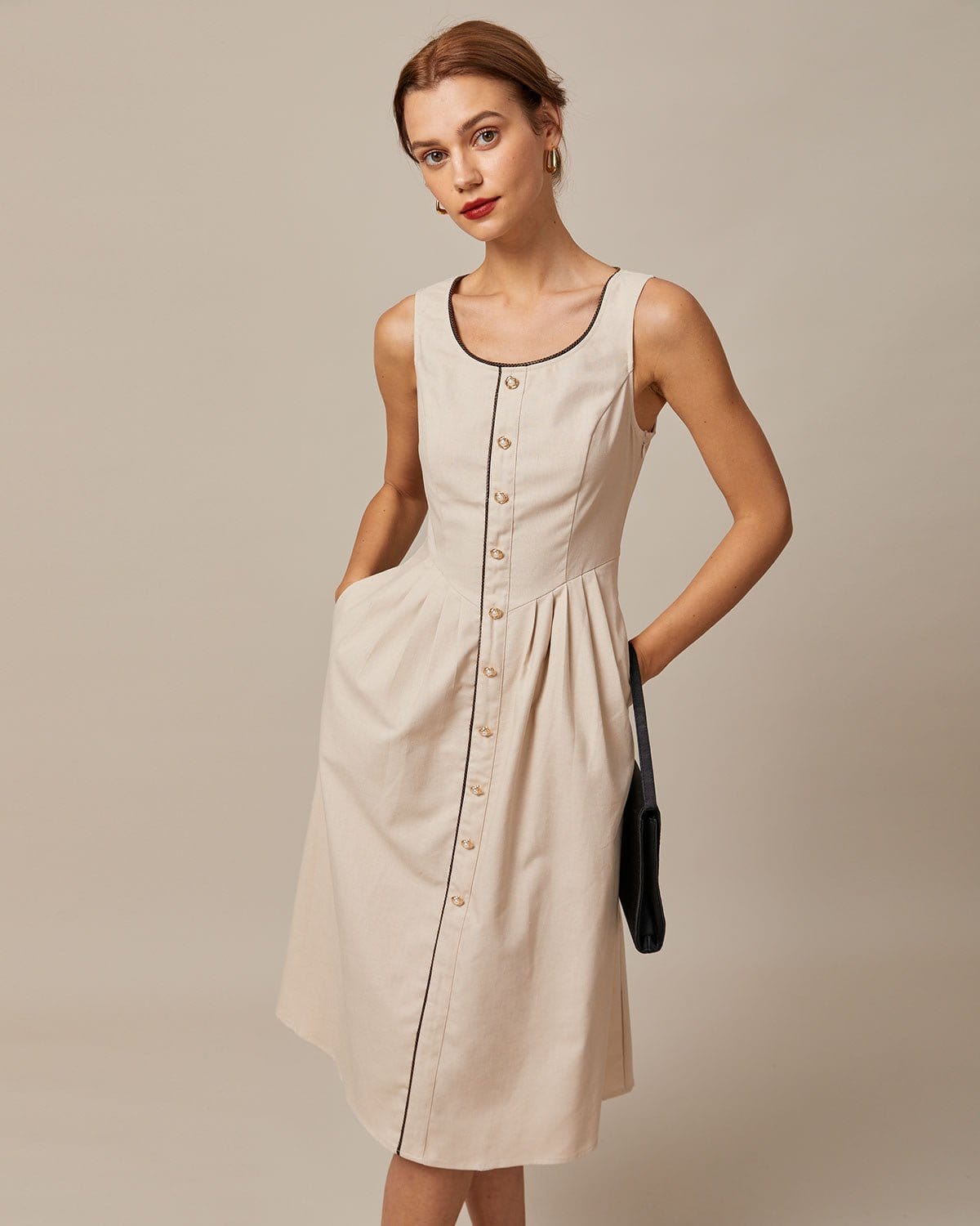 The Khaki Round Neck A-Line Midi Dress - Threadford
