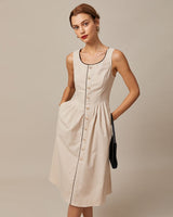 The Khaki Round Neck A-Line Midi Dress - Threadford