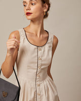 The Khaki Round Neck A-Line Midi Dress - Threadford