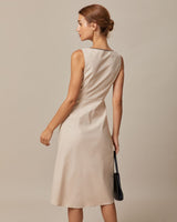 The Khaki Round Neck A-Line Midi Dress - Threadford