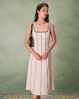The Khaki Square Neck Contrast Midi Dress - Threadford