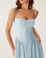 Blue Square Neck Pocket Slip Midi Dress - Threadford