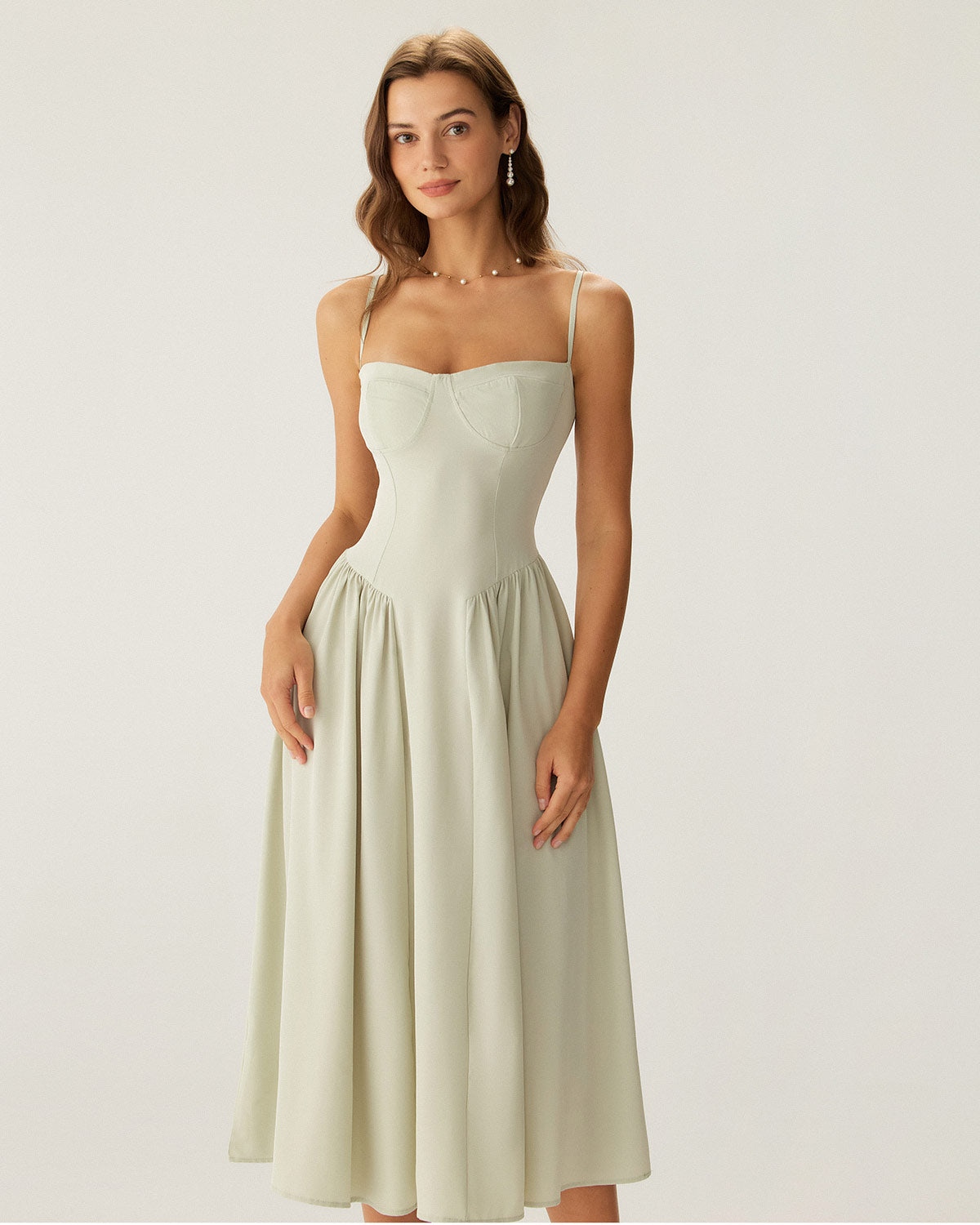 Green Square Neck Pocket Slip Midi Dress - Threadford