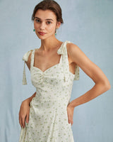 The Light Green Satin Floral Tie Strap Slit Midi Dress - Threadford