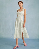 The Light Green Satin Floral Tie Strap Slit Midi Dress - Threadford