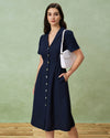 Navy Button A-Line Pocket Midi Dress - Threadford