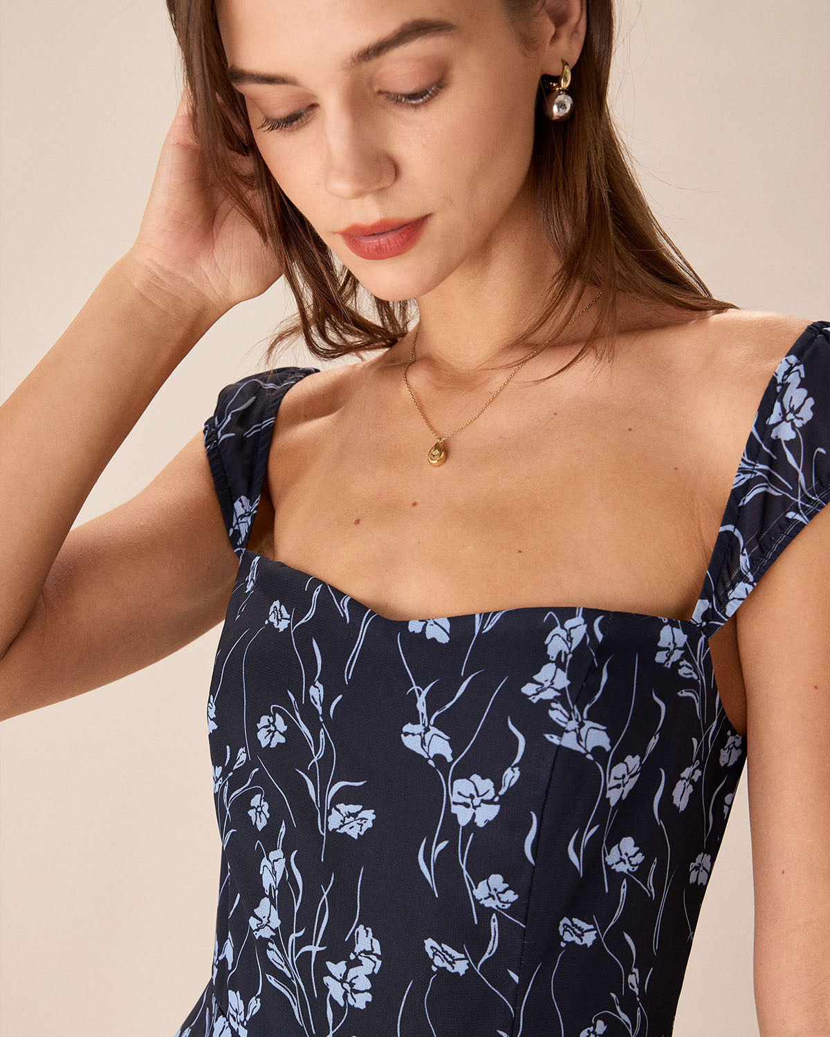 Navy Floral Sweetheart Neck Midi Dress - Threadford