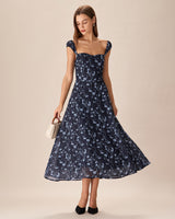 Navy Floral Sweetheart Neck Midi Dress - Threadford