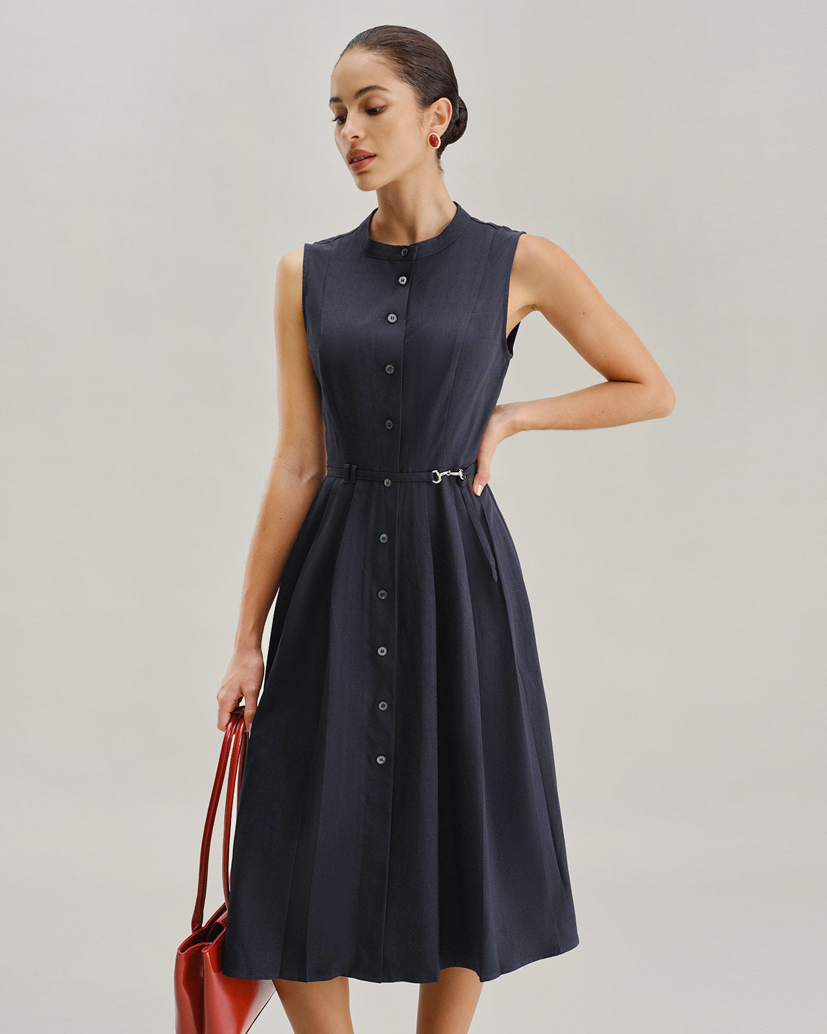 Navy Mock Neck High Waist Midi Dress - Threadford