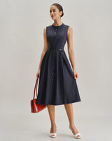 Navy Mock Neck High Waist Midi Dress - Threadford