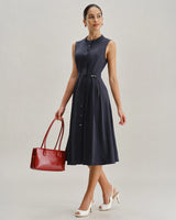Navy Mock Neck High Waist Midi Dress - Threadford