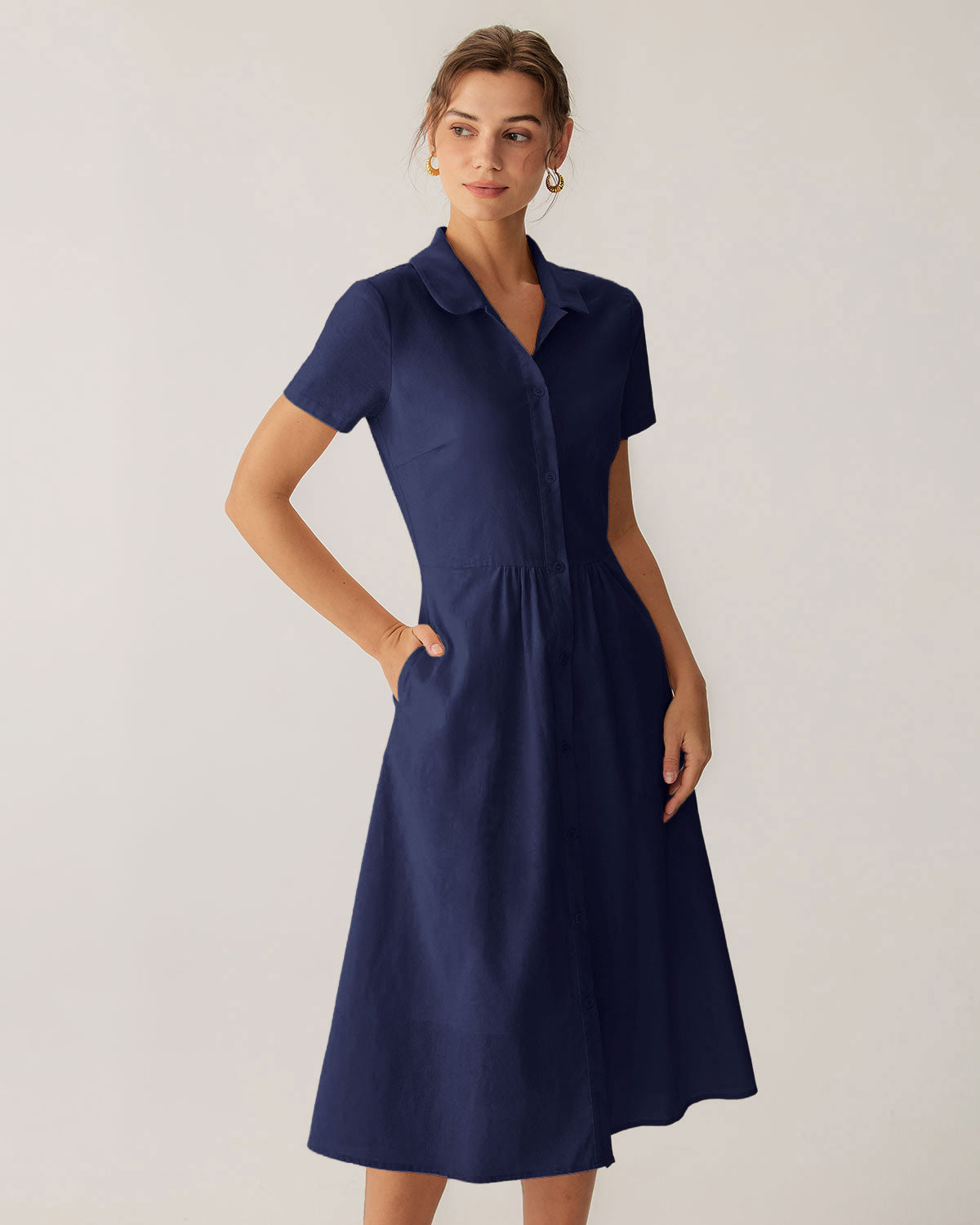 Navy Pocket Short Sleeve Midi Dress - Threadford