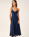 Navy Polka Dot Shirred Slip Midi Dress - Threadford
