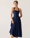Navy Ruched Halter Midi Dress - Threadford