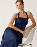 Navy Ruched Halter Midi Dress - Threadford