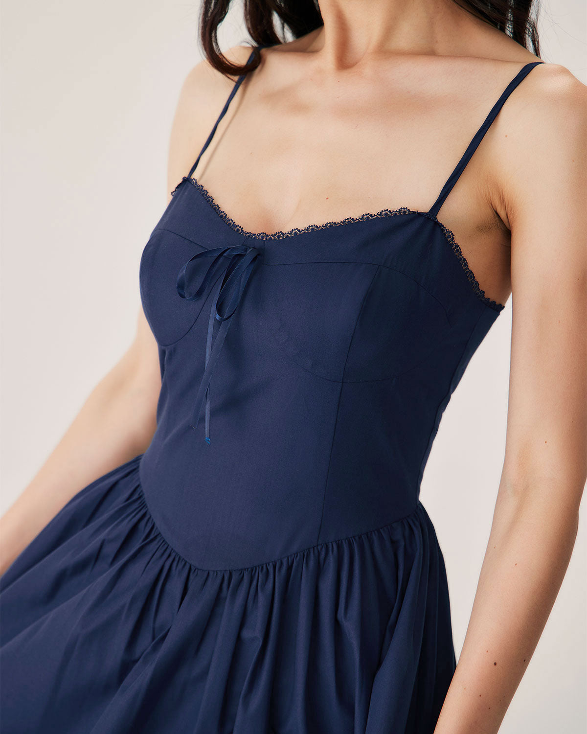 Navy Shirred Slip Midi Dress - Threadford